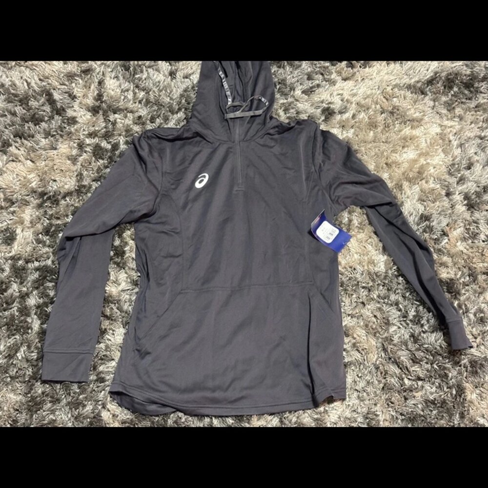 ASICS Mens Dark Gray 1/3 Zip Long Sleeve Stretch Relaxed Fit Elevated Hoodie